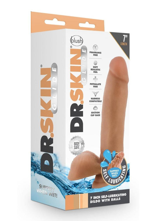 Dr. Skin Glide Gold Collection Self Lubricating Dildo with Balls 7in