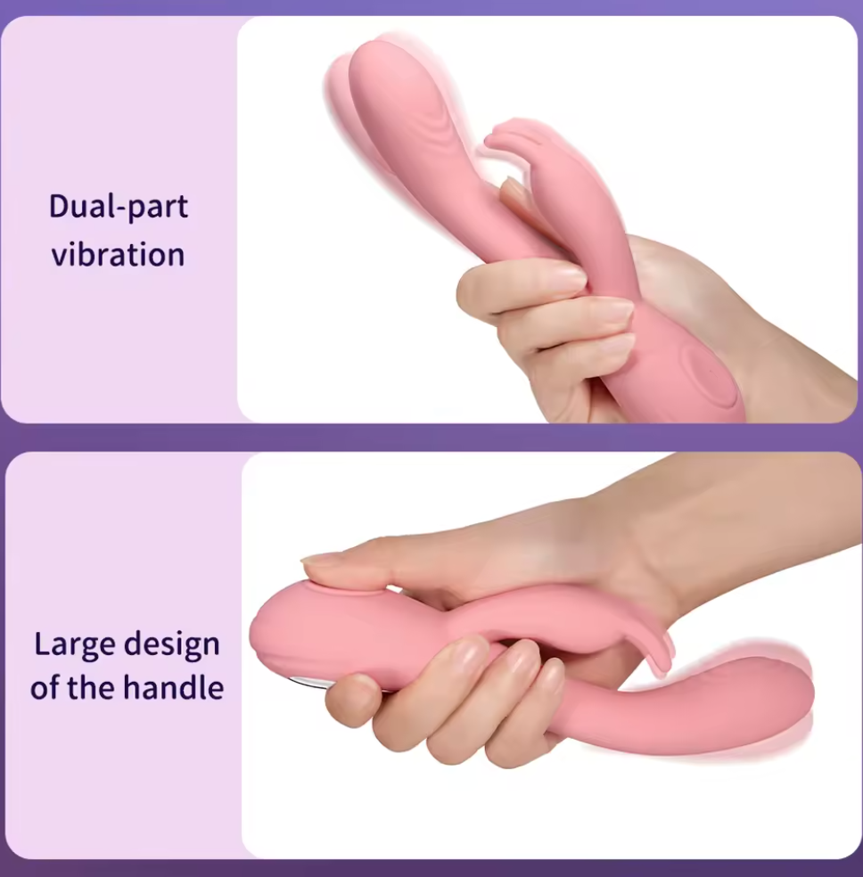 Pink dual-part vibration device held by a hand with text indicating 'Dual-part vibration' and 'Large design of the handle'.